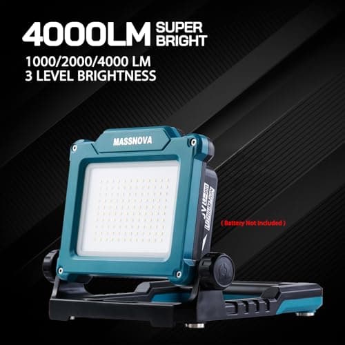 MASSNOVA 4000LM 25W Cordless Work Light Compatible with Dewalt, Makita and Milwaukee 18-21V Power Battery, Brightness Adjustable, Flicker Free (Battery Not Included) - Thumbnail 2