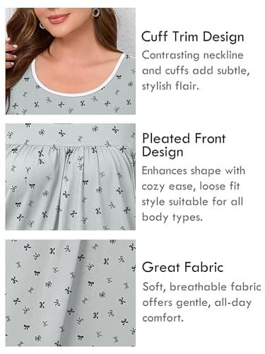 AusLook Plus Size Women's Nightgown 4X Bow Tie Grey Short Sleeve Sleep Dress Sleepwear Soft Sleepshirts Pleated Scoopneck Nightshirt Sleep shirts with Pockets - Thumbnail 4