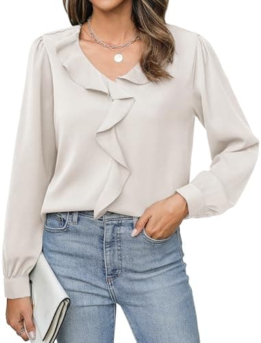 Neweek Womens Dressy Casual Blouse Business Long Sleeve Tops Ruffle V Neck Work Shirt Fall Outfit 2025 Apricot - Image 1