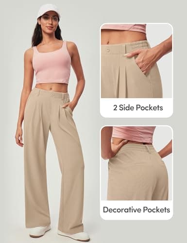 IUGA Wide Leg Pants Woman Pull on Stretchy Work Dress Pants High Waisted Business Casual Trousers Slacks Standard, Small, Light Khaki - Thumbnail 5