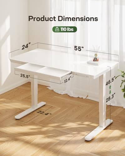 Marsail Glass Standing Desk with Drawer,55 x 28 inch Electric Standing Desk, Adjustable Height Desk with Storage & USB Charging Ports, One-Piece Standing Desk for Home & Office, White - Thumbnail 3