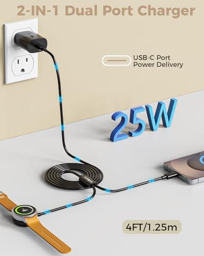2 in 1 for Samsung Watch Charger, 25W USB C Fast Charger Compatible with Galaxy Watch 8/8 Classic/Ultra/7/6/6 Classic/5 Pro/5/4/4 classic/3/Active2/FE & Galaxy S26/S25/S24/S23/S22/21 & for iPhone 17 - Thumbnail 3