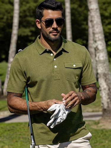JEMLDL Short Sleeve Polo Shirts for Men Summer Quick Dry Stretch Slim Fit Golf Shirt with Pocket 4 Button Placket Olive L - Thumbnail 4