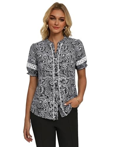 GRACE KARIN Women Boho Floral Tops, Summer Short Eyelet Sleeve Dressy Casual Shirts, Spring Button Down Blouse 2026 Trendy Black Small - Thumbnail 4