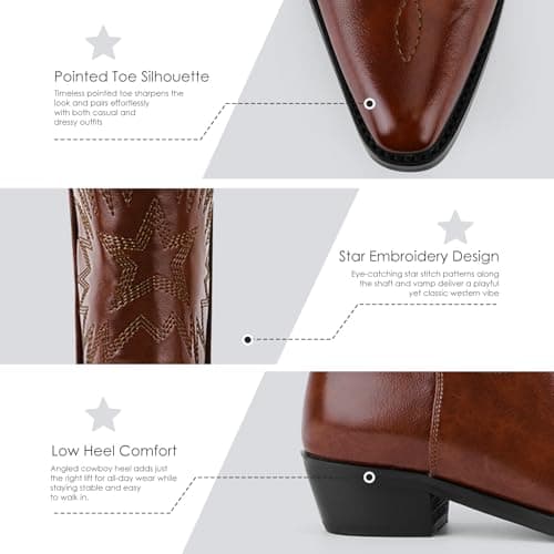 QIV Brown Mid Calf Boots for Women Short Western Cowgirl Boots With Star Embroidery Pointed Toe Low Heel Easy Pull-On Fit Size 9.5 - Thumbnail 5