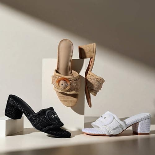 Grakihily Womens Raffia Mule Slides Sandals Open Toe Backless Buckle Heeled Sandals Chunky Block Heel Bohemia Beach Dressy Slip on Summer Shoes,Black Size 10 - Thumbnail 3