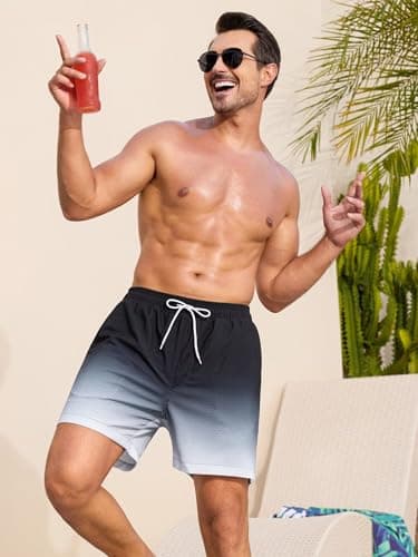 SILKWORLD Men's Swim Trunks Quick Dry Beach Shorts with Compression Liner and Zipper Pockets, Gradient-Black, X-Large - Thumbnail 3