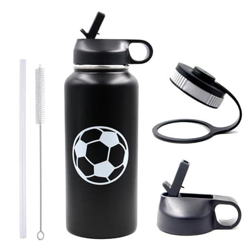 32 oz Soccer Water Bottle, Stainless Steel Vacuum Insulated Water Bottle with Straw and 2 Lids, Wide Mouth BPA Free Double Wall Leak Proof Flask for Sports, Travel, Gym, School