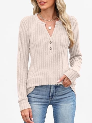 ANRABESS Womens Long Sleeve Henley Shirts 2026 Fall Tunic Tops Ribbed Knit Lightweight Sweaters Dressy Casual Blouse Outfits Light Khaki X-Large - Thumbnail 3