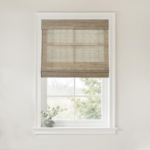 TWOPAGES Natural Woven No Drill Roman Shades, Custom Cordless Blackout Bamboo Roman Blinds for Indoor Windows French Door, Brown - Image 1
