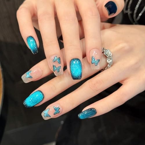 Yacey Butterfly Handmade Press on Nails, Medium Square Reusable False Nails Press Ons, Luxury Blue Cat Eyes Thick Acrylic Fake Nails, 3D Bling Glue on Nails for Women Girls (10 Pcs, S) - Thumbnail 3