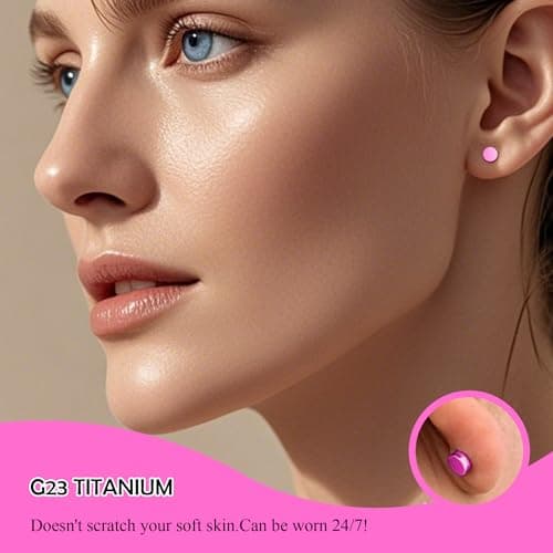 ZDE Women Earrings Threadless Flat Back Dot Earrings Titanium Hypoallergenic Cartilage Non-Nickel Black Push in Earrings Studs for Sensitive Ears Simple Classic Earstuds (Pink, 5MM) - Thumbnail 6