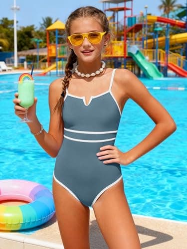 AMAWMW Teen Girls Swimsuit One Piece Bathing Suit V-Neck Cutout Swimwear Summer Beach Swim Suit for Girls 7-16Y, Gray Blue, 11-12Y - Thumbnail 3