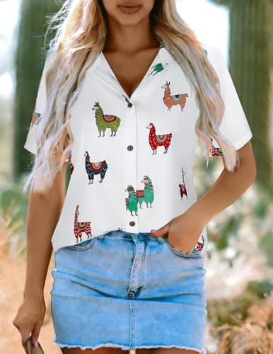 LILYCHIC Womens Short Sleeve Hawaiian Shirts V Neck Cowgirl Tshirts Button Down Summer Blouse Hawaiian Beach Outfit - Thumbnail 5