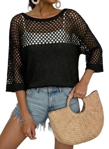 Dokotoo Cover up for Swimwear Women Bikini Crochet Half Sleeve Hollow Out Bathing Suit 2026 Summer Clothes Resort Wear Beach Vacation Lightweight Sweater Tunic Black - Image 1