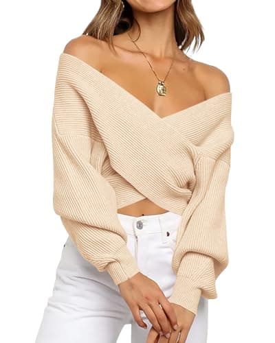 BTFBM Off The Shoulder Sweater for Women Winter Fall Fashion 2026 V Neck Long Sleeve Ribbed Knit Wrap Cropped Sweaters(Apricot, Small) - Image 1