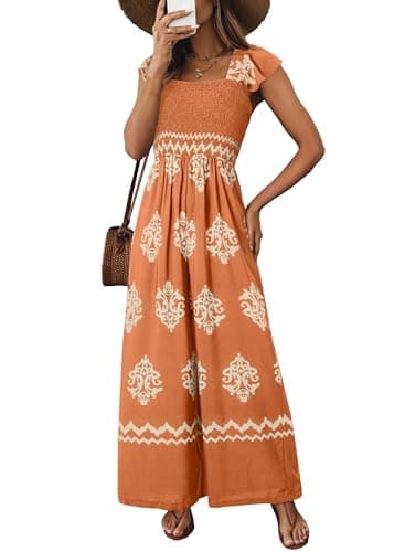 Happy Sailed Womens Boho Jumpsuits Printed High Waisted Pockets Wide Leg Rompers Loose Fitted Overalls Beach Vacation Outfits Orange X-Large - Image 1