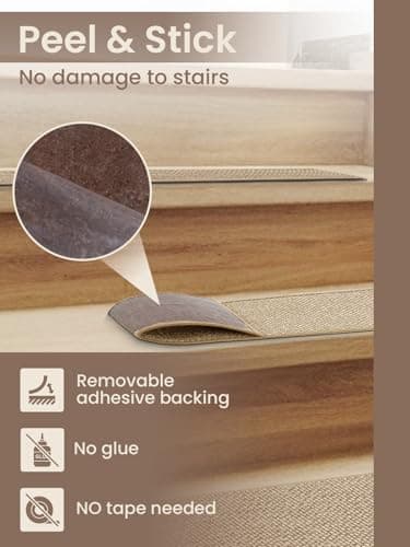 Stair Treads for Wooden Steps Indoor, Peel and Stick Stair Tread,Stair Runners, Non-Slip Carpet Stair-Treads for Kids, Elders & Pets, Machine Washable, Reusable(15PCS,30"x8",Beige) - Thumbnail 3