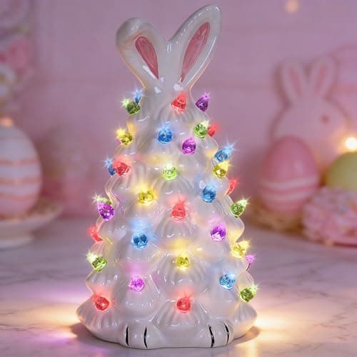 WYEDJHF Cute Ceramic Easter Tree Bunny Decor, Light up Easter Bunny Decor Spring Decorations for Indoor Bedroom Office Decor Tabletop for Kid Gifts (White) - Thumbnail 5
