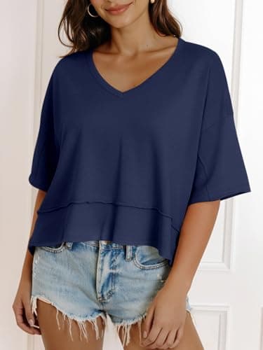 Cicy Bell Womens Oversized Crop T-Shirts Summer V Neck Short Sleeve Tops Casual Loose Fit Curved Hem Boxy Tee Shirt Navy - Thumbnail 2