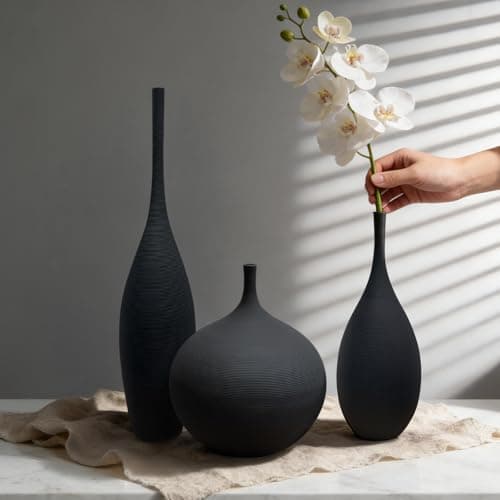 DecoVlog Black Ceramic Vases Set of 3, Modern Boho Vases for Centerpiece Decor, Matte Minimalist Decorative Vases for Home Decor, Living Room, Bookshelf, and Entryway Table Decor - Thumbnail 4