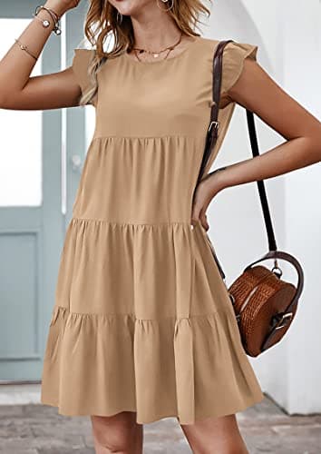 KIRUNDO Flowy Summer Dress for Women Sleeveless Ruffle Cap Sleeve Round Neck Loose Short Pleated Mini Babydoll Sun Dresses(Khaki, Medium) - Thumbnail 2
