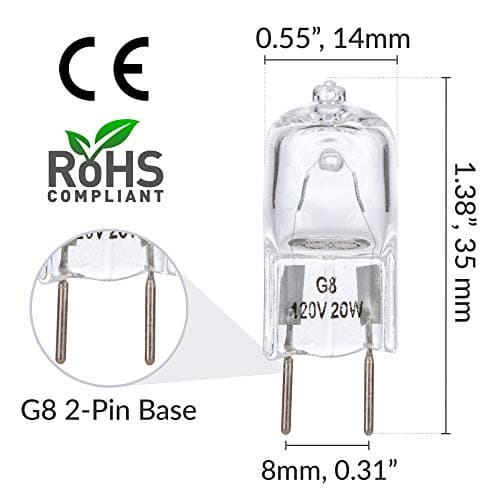 Simba Lighting Halogen Light Bulb G8 T4 20W JCD Bi-Pin (10 Pack) Shorter 1-3/8" (1.38") Length for Under Cabinet Puck Lights, Kitchen Hood, Landscape Lights, Desk Lamps 120V Dimmable, 2700K Warm White - Thumbnail 2