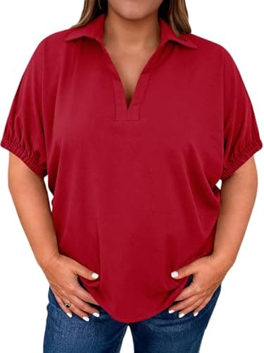 Beautife Plus Size Summer Tops for Women Casual Collared V Neck Polo Shirts Side Slit Short Sleeve Blouses - Image 1