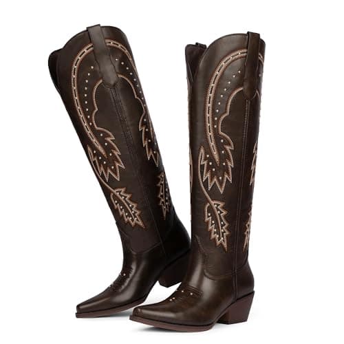 QIY Chocolate Cowboy Boots for Women Embroidered Rhinestone Pointed Toe Slip on Cow Girl Classic Block Heel Nashville Knee High Western Dark Brown Cowgirl Boots Size 7 - Thumbnail 5