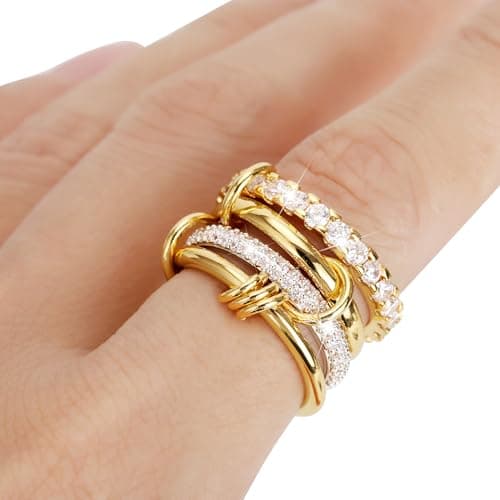 Stackable Rings for Women Statement Rings 18K Gold Plated Interlocking Ring Stack Set Non Tarnish Gold Silver Mixed Metal Cubic Zirconia CZ Connected Band Thumb Ring Size 5-11 Jewelry Gift for Women 6 - Thumbnail 2