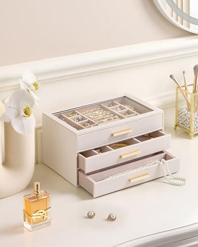 Lolalet Jewelry Box Organizer, 3-Layer Jewelry Organizers and Storage Case with Glass Lid, Ring Earring Bracelet Necklace Holder Organizer, Mothers Day Gifts for Mom, Women Girls -3Layer, Beige - Thumbnail 2