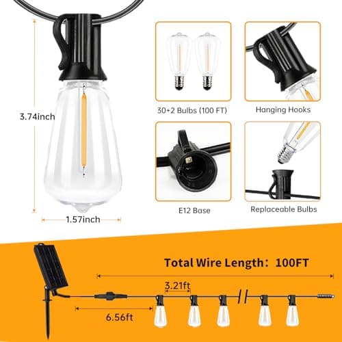 CRLIVOING 100FT Solar String Lights Outdoor Waterproof, 32 Shatterproof with Edison Bulbs,Solar Powered Outdoor Lights with Remote, LED String SolarLights for Garden, Backyard, Parties - Thumbnail 3