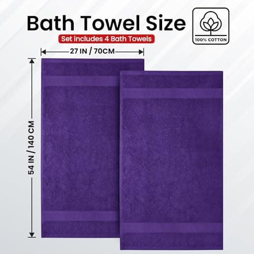 Infinitee Xclusives Luxury 100% Ring-Spun Cotton Bath Towels Set of 4 (27x54 inches) – Soft, Absorbent & Quick-Drying Towels for Bathroom, Gym, Spa & Hotel Use (Profound Purple, Bath Towels) - Thumbnail 3