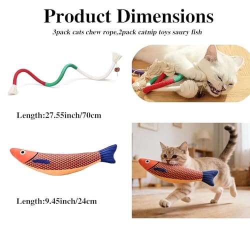 FKKWUOT Cat Chew Rope Toy,Catnip Saury Fish Toys,Cats Interactive Toys for Teeth Cleaning,5Pcs Cat Toys for Indoor Cats with Refillable Natural Catnip（5Pcs Cat Toys） - Thumbnail 3