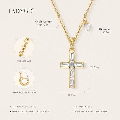 LADYGD Cross Necklace for Women, 14K Gold Plated Baguette Cubic Zirconia Removable Pendant Adjustable Dainty Jewelry White - Thumbnail 5