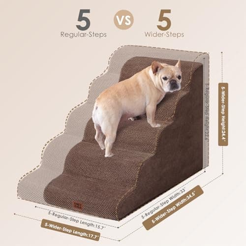 EHEYCIGA Curved Dog Stairs Ramp for High Beds, 5-Step Extra Wide Dog Steps for Small Dogs and Cats, Pet Stairs for High Bed Climbing, Non-Slip Balanced Pet Step Indoor, Brown - Thumbnail 4