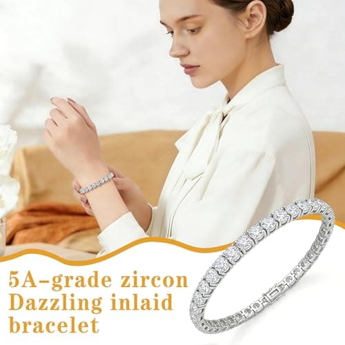 Moissanite Tennis Bracelet For Women,Platinum Plated Silver Bracelet,VVS1,Round Cut Moissanite Bracelet,Hypoallergenic,Bezel 7In,with Gift Box,Birthday Anniversary Jewelry for Wife, Mom and Her (7, Inches) - Thumbnail 5