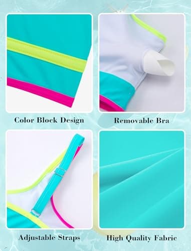Girls Mint Green Swimsuit Size 14-16 Bathing Suits for Teens Two Piece Trajes De Baño para Niñas Mint Green Swim Neon Color Block Sport Bikini Sets Adjustable Double Straps Padded Modest Swimwear - Thumbnail 6
