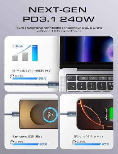 LISEN 240W USB C to USB C Cable【3.3ft+6.6ft+10ft/3 Pack】 Computer Security Cables Type C Charger Fast Charging Cord USB C Cable for iPhone 17 16 iPad MacBook Air Pro Samsung S25 - Thumbnail 4