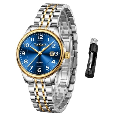 Taxau Watch Women Luxury Fashion Silver and Gold Two Tone Stainless Steel Watches for Women Blue Small Face Waterproof Women's Watches with Date Classic Dress Analog Quartz Ladies Watch Reloj Mujer - Image 1