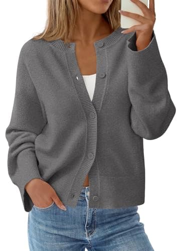 KIRUNDO Cardigan Sweaters for Women 2026 Fall Oversized Puff Long Sleeve Button Up Casual Spring Chunky Vacation Outfits(Grey, Small) - Image 1