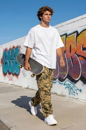 GINGTTO Baggy Cargo Pants Men Brown Camo Wide Leg Fashion Y2K Loose Fit Streetwear Drawstring Stretch 32 - Thumbnail 3
