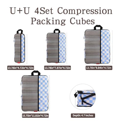 U+U 4 Set Compression Packing Cubes - Ultralight Travel Organizers, Space-Saving Suitcase Organizer, Expandable Packing Cubes for Travel, Business Trip and Family Vacation (Blue Checkered) - Thumbnail 5