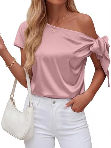 BTFBM Off The Shoulder Tops for Women Summer 2026 Short Sleeve Satin Blouse Shirts Silk Y2K Going Out Top Beach Vacation(Pink, Medium) - Thumbnail 6
