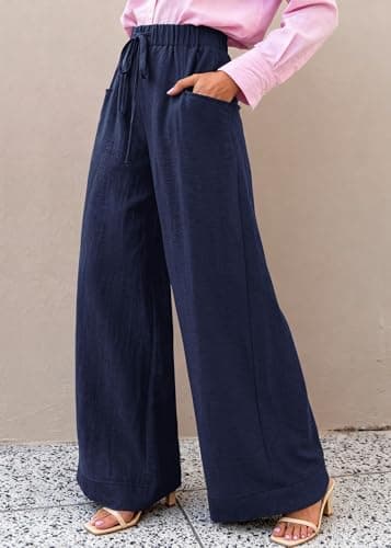 KIRUNDO Wide Leg Palazzo Pants for Women Summer High Waist Flowy Casual Trousers Lounge Pants Beach Vacation Travel Outfits (Navy Blue, XX-Large) - Thumbnail 3