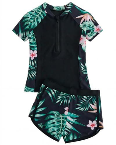 DivingBirds Girls Swimsuit 2 Piece Swim Set Short Sleeve Bathing Suit with Shorts Front Zip Modest Swimwear for Girls 9-10 Years Black Leaves - Thumbnail 2