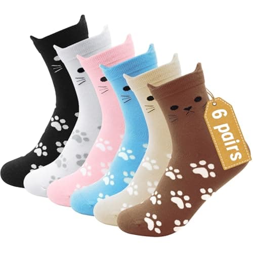 NKMOOS 6 Pairs Cotton Cat Socks for Women, Cute Colorful Cat Crew Socks Size 9-11, Soft Breathable Novelty Animal Socks, Fun Cute Socks Gift for Cat Lovers - Image 1