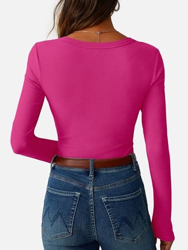 GKBK Womens Long Sleeve Ribbed Tops Slim Fitted Tight Basic T-Shirts Crewneck Layering Lightweight Fall Sweaters 2026 Fashion Outfits Light Hot Pink - Thumbnail 4