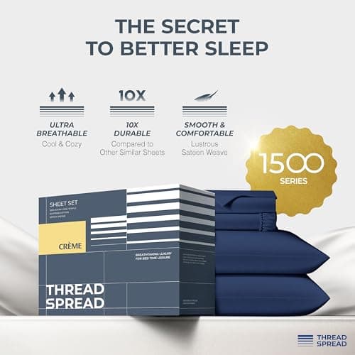 THREAD SPREAD 100% Egyptian Cotton Sheets California King Size - 1500 Series Cal King Sheets Egyptian Cotton (4 PC, Navy Blue), Silky Soft, Sateen Weave, Cooling & Breathable, 17" Deep Pocket Bed Set - Thumbnail 5