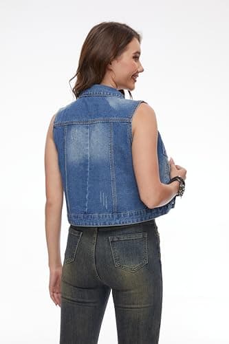 J.Corrine Women’s Denim Vest Sleeveless Classic Cropped Distressed Spread Collar Button Jean Vest Jackets With Pockets-Medium Blue S - Thumbnail 2